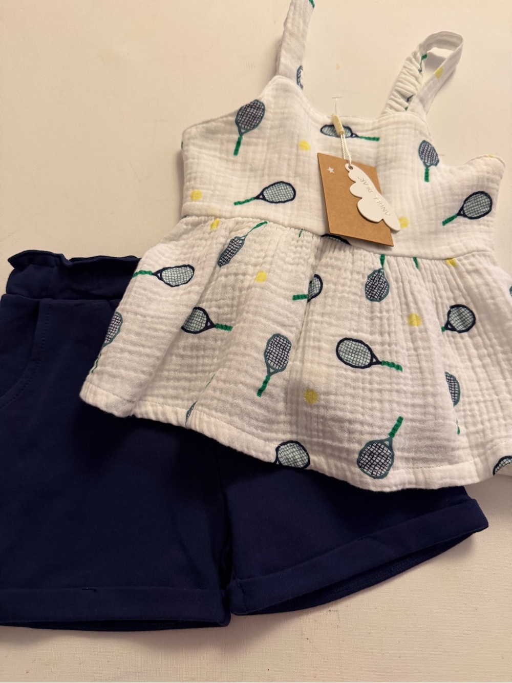 Angel Dear White Tennis Racket Peplum Top & Navy Shorts Set